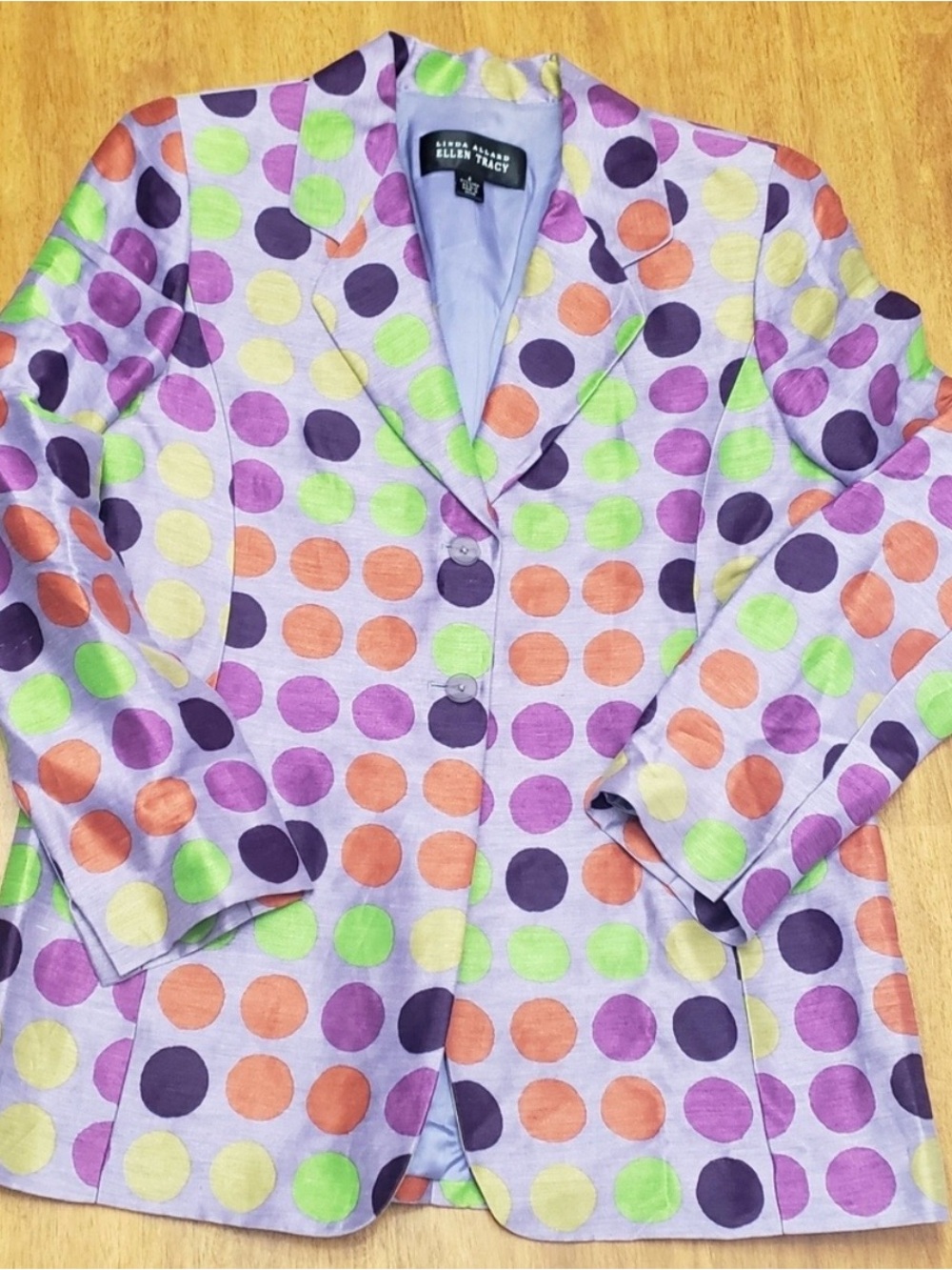 Linda Allard Ellen Tracy RARE 
Colorful Polka Dot Blazer Sz 6
91% Linen /9% Silk